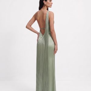 Fringe One Shoulder Maxi Dress - Sage Green