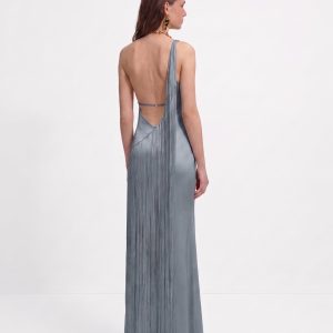 Fringe One Shoulder Maxi Dress - Misty Blue