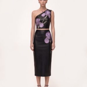 Iris Floral-Print High Waist Pencil Leather Midi Skirt - Black