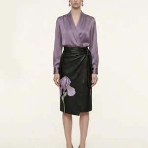 Satin Wrap V Neck Long Sleeve Blouse - Dusty Mauve