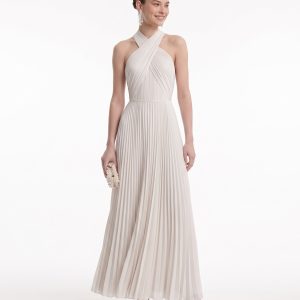 Pleated Cross Halter Maxi Dress - Ivory