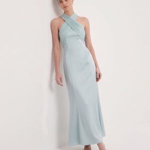 Pleated Cross-Halter Satin Maxi Dress - Dusty Blue