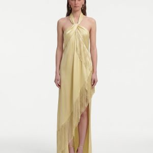 Fringe Halter Draped Satin Maxi Dress - Champagne