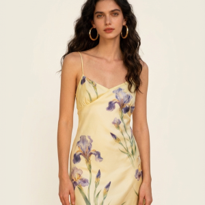 Iris Print Satin Slip Mini Dress - Soft Yellow