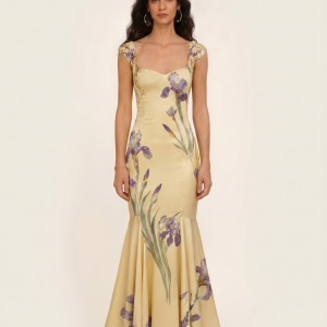 Iris Print Satin Mermaid Maxi Dress - Soft Yellow