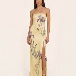 Iris Print Strapless Satin Slit Maxi Dress - Soft Yellow
