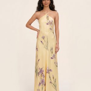 Iris Print Cross-Halter Open-Back Maxi Dress - Yellow