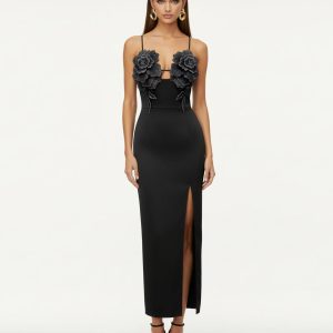 3D Floral Strappy Maxi Dress - Black