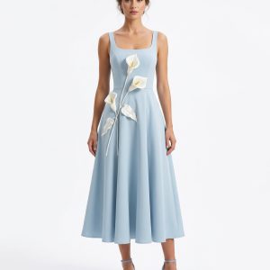 Floral Appliqué Square Neck Midi Dress - Light Blue