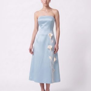 Floral Appliqué Strapless Midi Dress - Light Blue