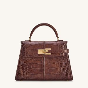 Elise Large Croc-Embossed Top Handle Bag - Chestnut Brown