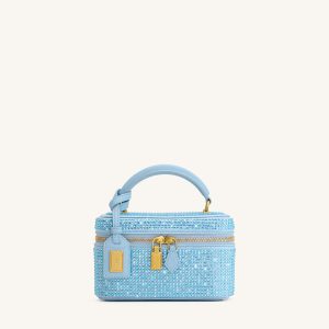 Cleo Artificial Crystal Box Shape Top Handle Bag - Blue
