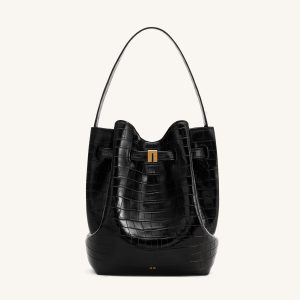 Clara Lock Accent Bucket Shoulder Bag - Black Croc