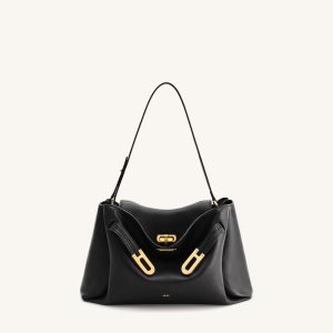 Rhea Pebbled Double Buckle Shoulder Bag - Black