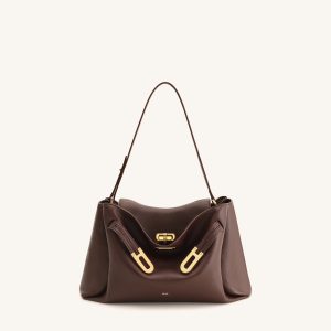 Rhea Pebbled Double Buckle Shoulder Bag - Dark Brown
