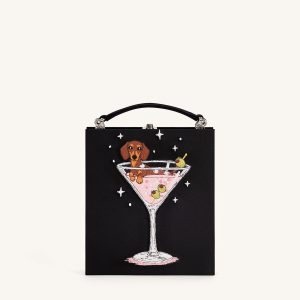 Taya Wine Glass Puppy Pattern Book Shape Clutch Bag - Black