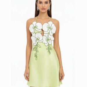 Orchid Embroidered Halter Mini Dress - Light Green