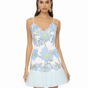 Floral Sling Mini Dress - Baby Blue