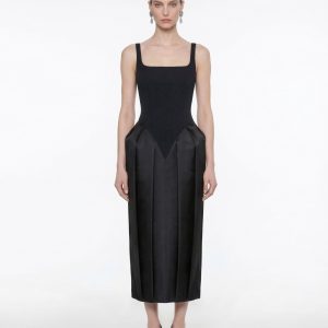 Square Neck Pannier Midi Dress - Black