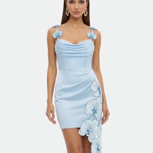 Orchid Embroidered Draped Mini Dress - Light Blue
