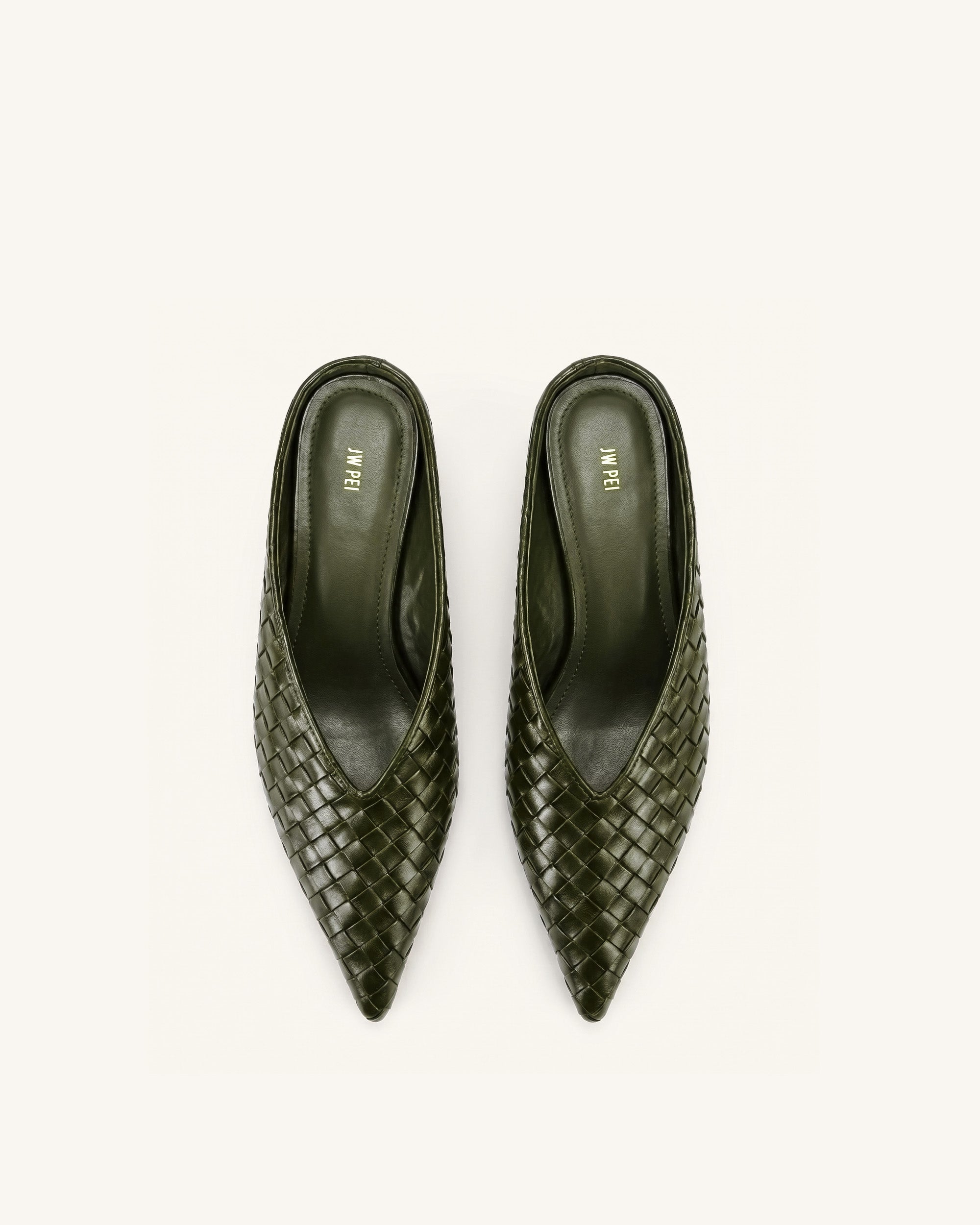 Helena Woven Textured Pointed Toe Mules - Olive Green - Image 3