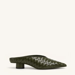 Helena Woven Textured Pointed Toe Mules - Olive Green
