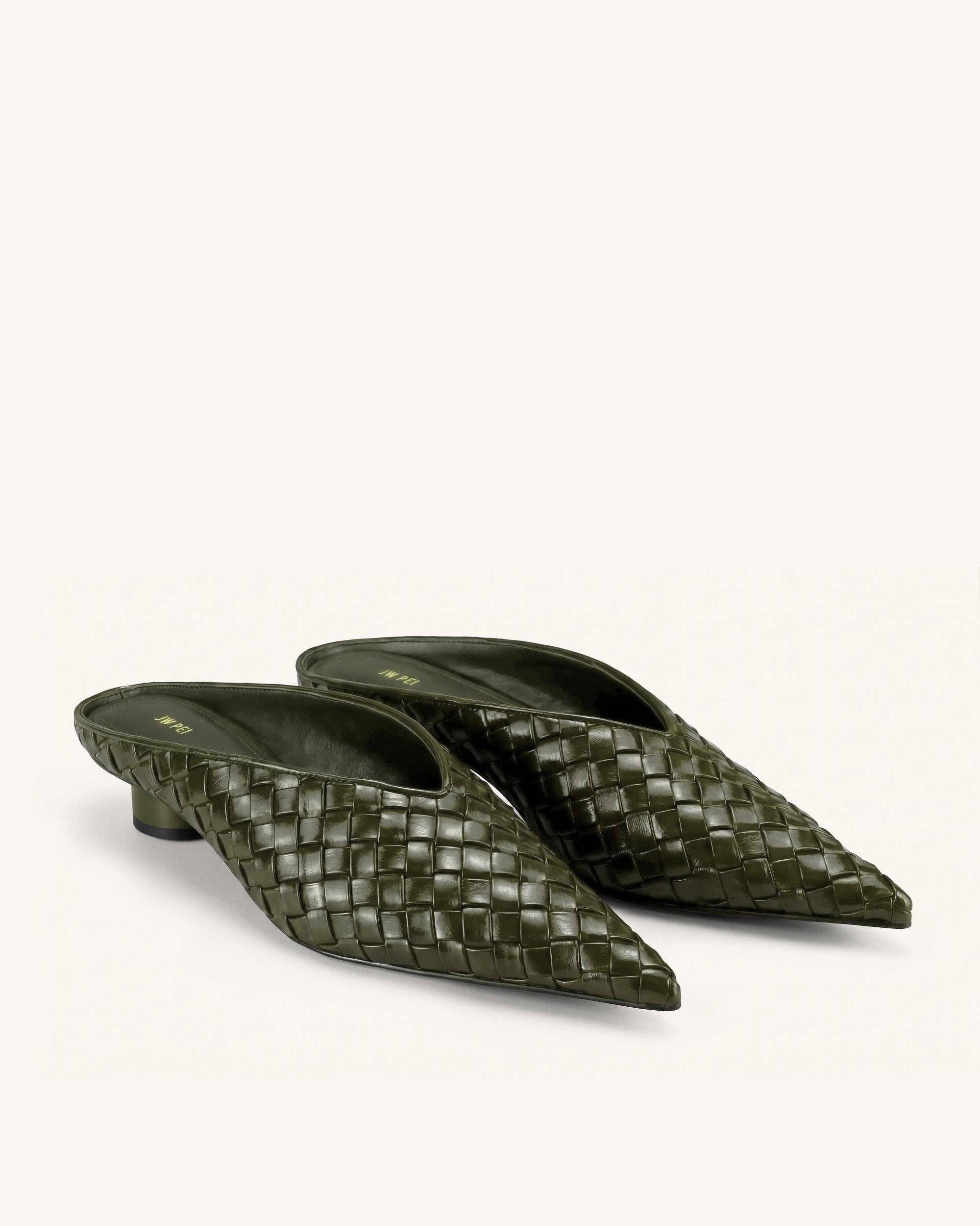 Helena Woven Textured Pointed Toe Mules - Olive Green - Image 2