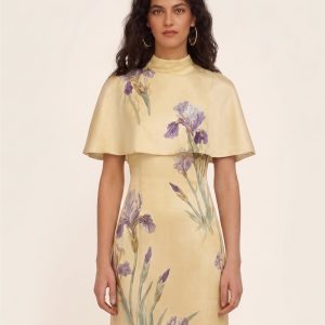 Iris Print Cape Overlay Mini Dress - Soft Yellow