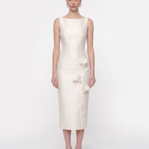 Floral Appliqué Sleeveless Midi Dress - White