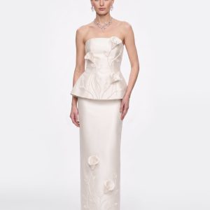 Floral Appliqué Vine Maxi Skirt - White