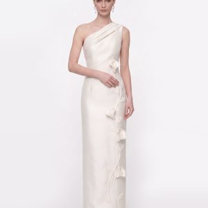 Floral Appliqué One-Shoulder Maxi Dress - White