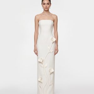 Floral Appliqué Strapless Column Dress - White