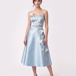 Floral Appliqué Satin Midi Skirt - Light Blue
