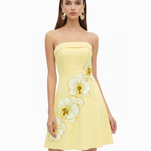 Orchid Embroidered Strapless A-Line Midi Dress - Pale Yellow
