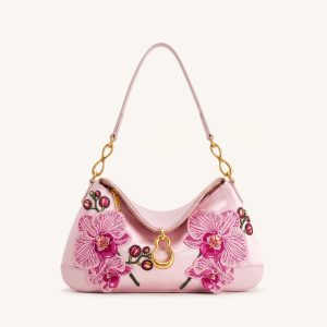 Jayla Metal Pendant Embellished Orchid Embroidered Shoulder Bag - Pink