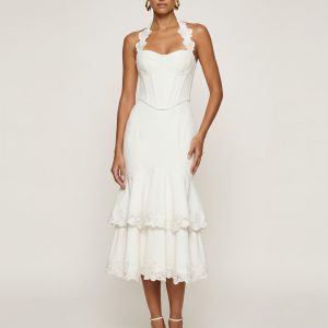 Orchid Embroidered Halter Corset Midi Dress - White