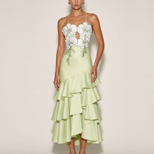 Orchid Embellished Ruffle Midi Dress - Light Green