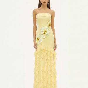 Orchid Embroidered Ruffled Strapless Maxi Dress - Pale Yellow