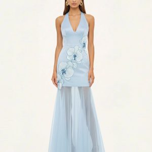 Orchid Embroidered Sheer Hem Halter Maxi Dress - Light Blue