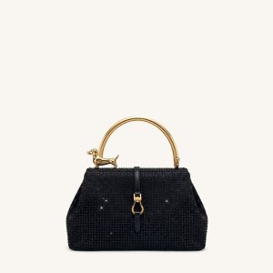 Bruna Artificial Crystal Dachshund Metal Handle Top Handle Bag - Black