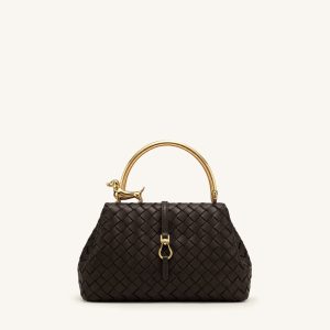Bruna Woven Dachshund Metal Handle Top Handle Bag - Dark Brown