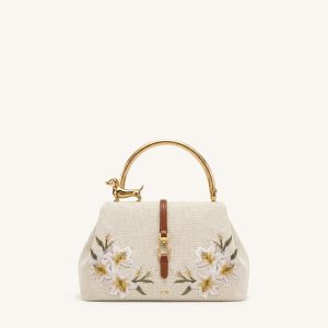 Bruna Dachshund Metal Handle Lily Embroidered Top Handle Bag - Brown Canvas