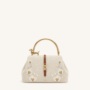 Bruna Beading Dachshund Metal Top Handle Bag - Brown Canvas