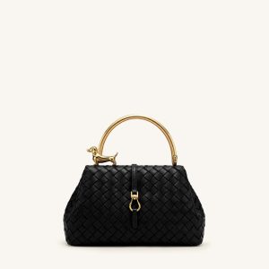 Bruna Woven Dachshund Metal Handle Top Handle Bag - Black