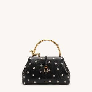 Bruna Studded Dachshund Metal Handle Top Handle Bag - Charcoal Black