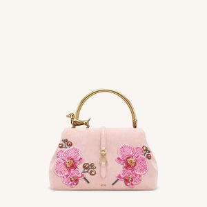 Bruna Faux Suede Embroidered Dachshund Metal Top Handle Bag - Pink