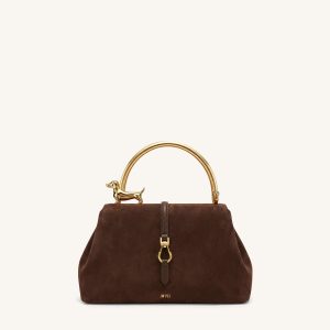 Bruna Faux Suede Dachshund Metal Top Handle Bag - Sandalwood Brown