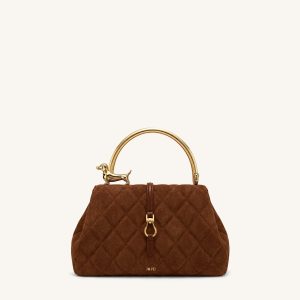 Bruna Faux Suede Quilting Dachshund Metal Top Handle Bag - Dirty Orange