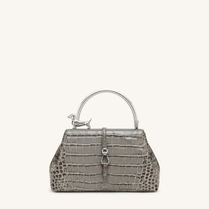 Bruna Dachshund Metal Handle Top Handle Bag - Light Grey Croc