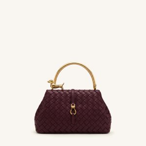 Bruna Woven Dachshund Metal Handle Top Handle Bag - Crimson